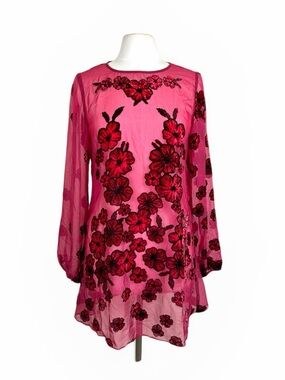 For Love & Lemons Sheer Burgundy Floral Embroidered Dress Large